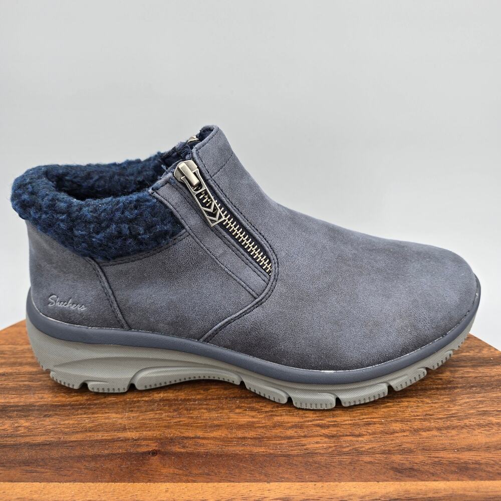 Skechers Boots Womens 7.5 Navy Faux Fur Trim Easy Going Zip Comfort Ankle Bootie